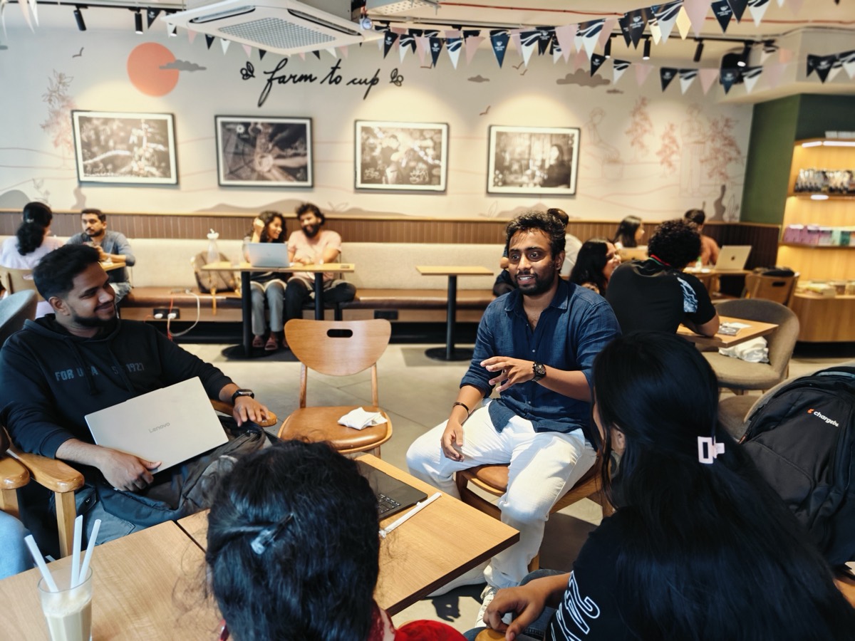 A group mid-conversation at a gathering